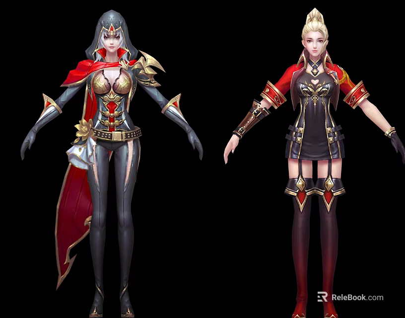 Game Movie Female Characters In Fantasy Warrior Outfits With Red Cape And Gold Accents 3d model 