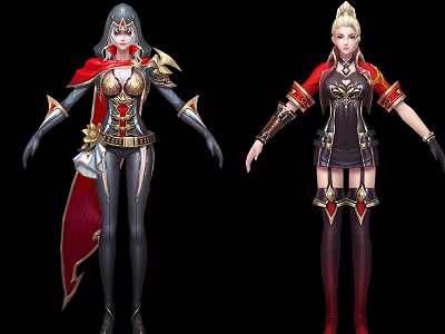 Game Movie Female Characters In Fantasy Warrior Outfits With Red Cape And Gold Accents 3d model