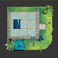 3D Floating Island Scene With Blue Building Geometric Patterns Green Grass Trees Flowers And Waterfall