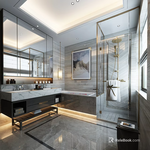 Modern Luxury Bathroom Interior With Marble Double Vanity Bathtub And Gold Accented Glass Shower Area 3d model 