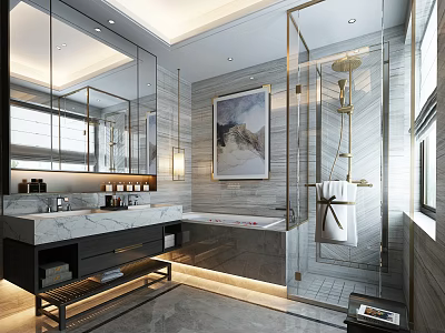 Modern Luxury Bathroom Interior With Marble Double Vanity Bathtub And Gold Accented Glass Shower Area 3d model