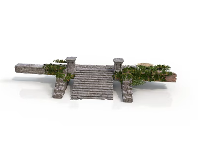 Stone Steps Architectural Structure With Side Stone Columns And Green Foliage 3d model
