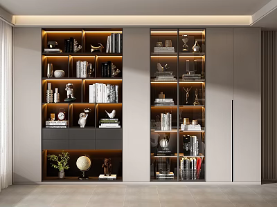 Modern Bookcase Design With Layered Shelves Books Decorative Items Plants And Globe 3d model