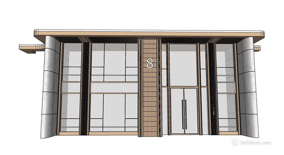 Modern Entrance Gate Design With Glass Panels Wooden Frame And Metal Decorative Accents 3d model 