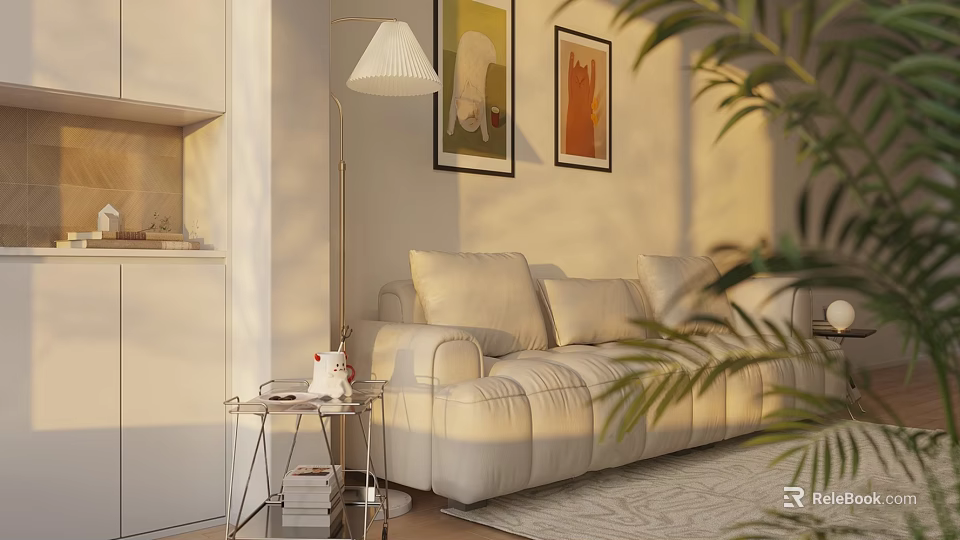 Beige Leather Multi Seater Sofa With Floor Lamp Artworks And Plants In Modern Living Room 3d model 
