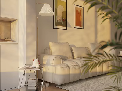 Beige Leather Multi Seater Sofa With Floor Lamp Artworks And Plants In Modern Living Room 3d model