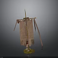 Ancient Style Banner Stand Featuring Wooden Pole Spiked Top Cloth Tassels And Green Base