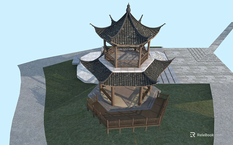 Traditional Chinese Double Layered Pavilion With Curved Roof Wooden Structure Grass Area And Stone Path 3d model 