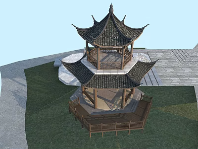 Traditional Chinese Double Layered Pavilion With Curved Roof Wooden Structure Grass Area And Stone Path 3d model