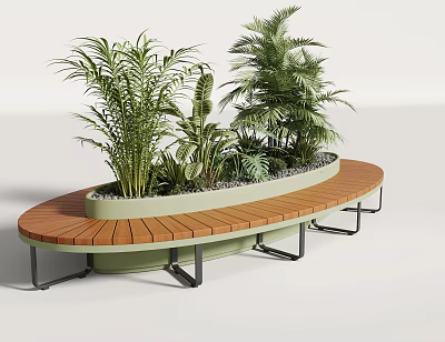 Curved Wooden Outdoor Chair With Built In Planter And Green Plants 3d model