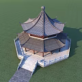 Traditional Chinese Ancient Pavilion With Curved Eaves Tile Roof Stone Steps And Grassland