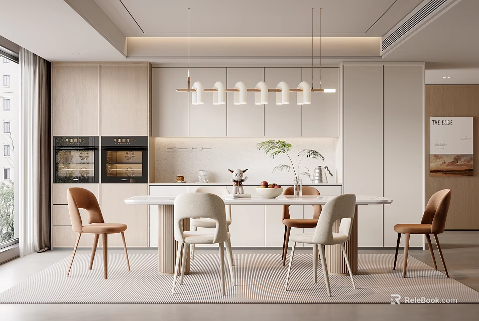 Modern Restaurant Dining Area With Pendant Lights White Round Dining Table Beige Chairs And Cabinets 3d model 