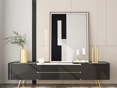 Modern Black TV Stand With Golden Legs Vase Figurines And Large Mirror 3d model