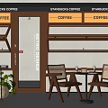 Starbucks Coffee Shop Interior With Wooden Furniture Tables Chairs And Green Plants