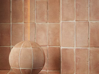 Decorative Spherical Ceramic Component Against Textured Brown Tile Wall Interior Setting 3d model