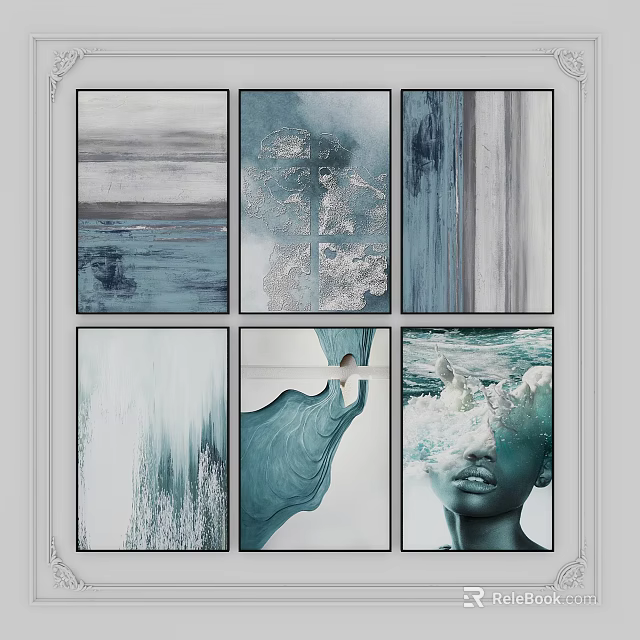 Abstract Blue Green Art Paintings With Ocean Waves Texture And Face Elements 3d model