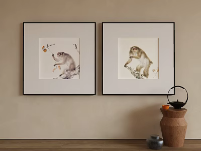 Abstract Painting Artwork With Two Framed Animal Figures On Neutral Wall Background 3d model