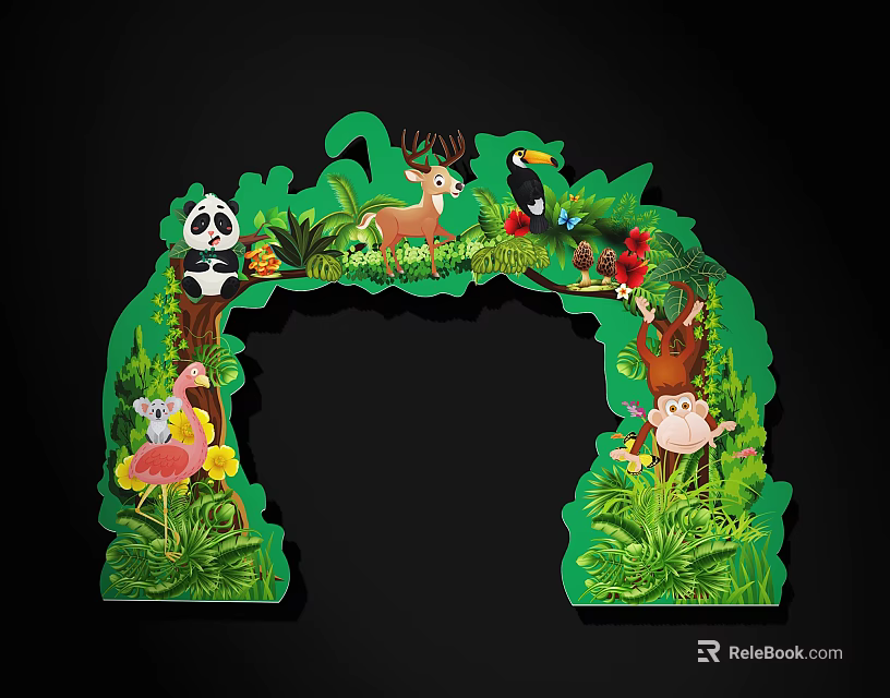 Colorful Jungle Theme Event Archway Decorated With Panda Deer Toucan Monkey Flamingo And Tropical Plants 3d model 