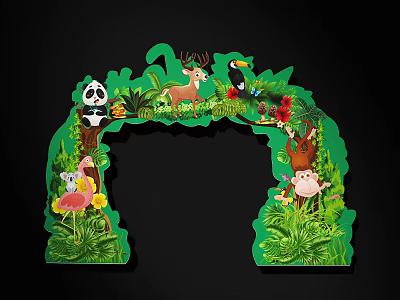 Colorful Jungle Theme Event Archway Decorated With Panda Deer Toucan Monkey Flamingo And Tropical Plants 3d model