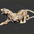 Leaping Striped Tiger Sculpture In Open Mouth Pose With Dark Background Reflection