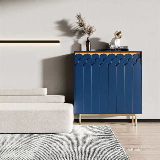 Blue Entryway Cabinet Sideboard with Scalloped Front Gold Legs and Decorative Vase on Top 3d model 