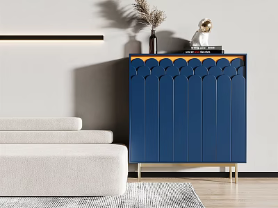 Blue Entryway Cabinet Sideboard with Scalloped Front Gold Legs and Decorative Vase on Top 3d model