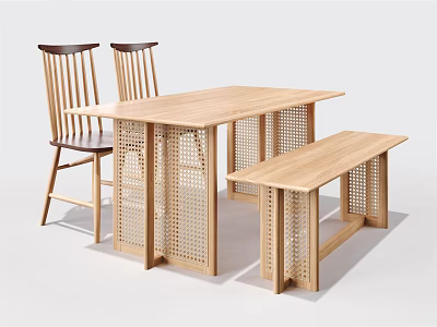 Wooden Dining Table Set with Two Chairs and Bench Natural Wood Finish Woven Panel Details 3d model