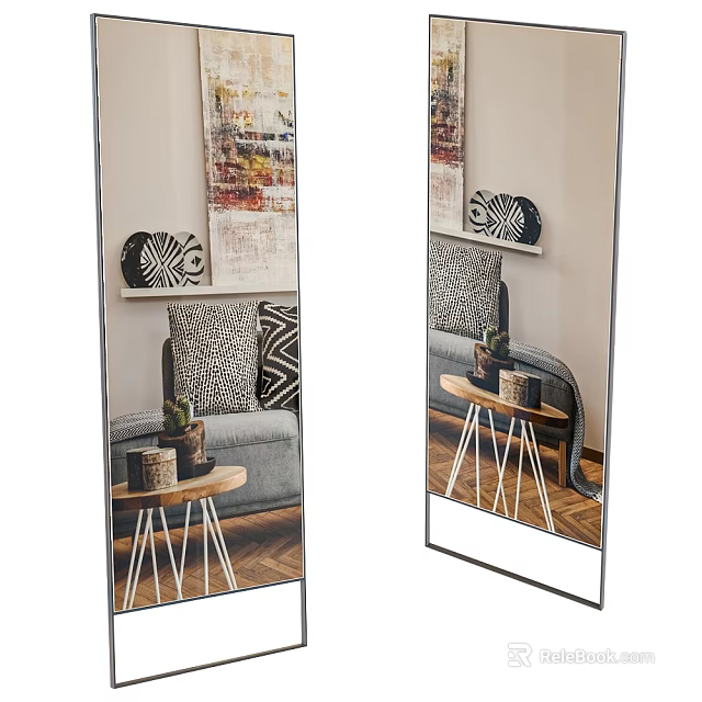 Floor Mirror Reflecting Living Room Interior With Sofa Side Table Pillows And Wall Art 3d model 