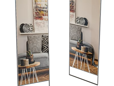 Floor Mirror Reflecting Living Room Interior With Sofa Side Table Pillows And Wall Art 3d model