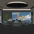 Elegant Private Dining Room with Round Table Blue Chairs Artwork Large Windows and City View 3d model
