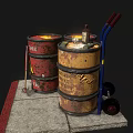 Household Supplies On Stone Slab With Red Yellow Oil Drums Blue Hand Truck And Axe