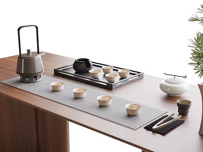 Minimalist Tea Set with Teapot Tea Cups and Wooden Tray on Table 3d model