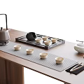 Minimalist Tea Set with Teapot Tea Cups and Wooden Tray on Table