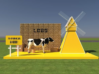 Shanghai Farm Scenic Photo Check-in Spot With Yellow Windmill Straw Bale And Cow Model 3d model