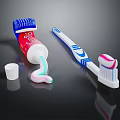 Red Toothpaste Tube With Squeezed Paste White Blue Toothbrush And Open Cap 3d model