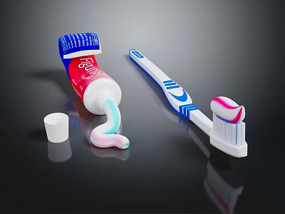 Red Toothpaste Tube With Squeezed Paste White Blue Toothbrush And Open Cap 3d model