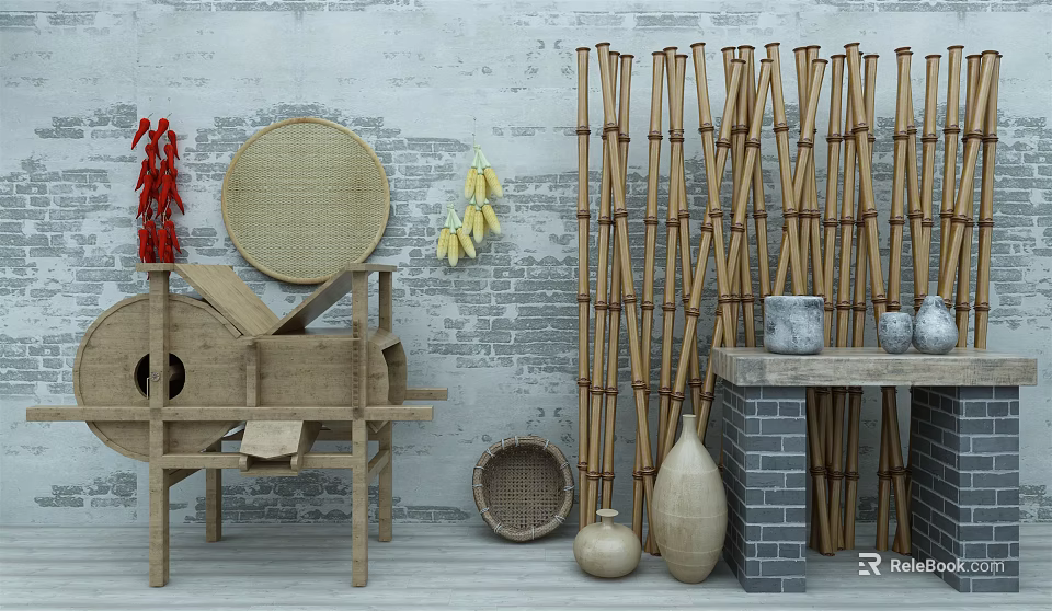 Rustic Garden Ornaments with Bamboo Screen Wooden Tools and Clay Pots on Brick Wall Background 3d model 