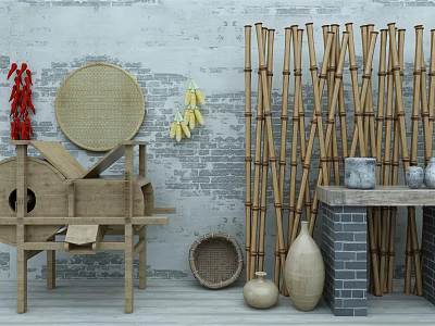 Rustic Garden Ornaments with Bamboo Screen Wooden Tools and Clay Pots on Brick Wall Background 3d model