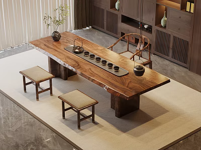Natural Solid Wood Tea Table And Chairs Set For New Chinese Style Home Tea Room 3d model