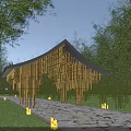Modern Wooden Pavilion Garden Landscape With Bamboo Trees Stone Path And Lighting