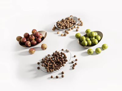 Colorful Red Green Fruits And Brown Nuts Arranged In Bowls With Scattered Pieces 3d model