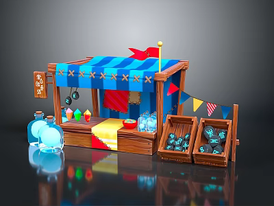 Colorful Food Stall With Blue Striped Awning Star Decorations And Wooden Crates For Fresh Snacks 3d model