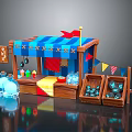 Colorful Food Stall With Blue Striped Awning Star Decorations And Wooden Crates For Fresh Snacks