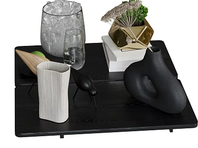 Elegant Decorative Ornament Set on Black Tray with Glass Vessel Greenery Books and Abstract Art 3d model