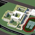 Modern School Building With Multi Story Structure Basketball Court And Students Playing