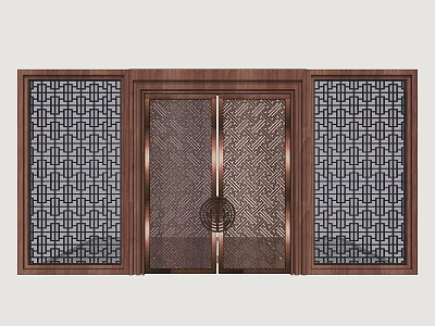 Traditional Chinese Style Door With Wooden Frame Copper Carved Panels And Symmetric Lattice Design 3d model