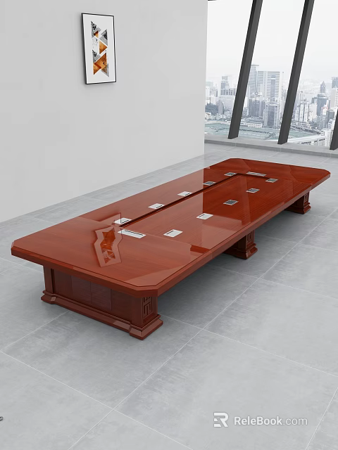 Polished Mahogany Conference Table with Integrated Controls in Bright Office with City View 3d model 