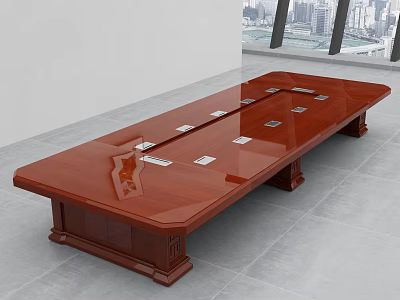 Polished Mahogany Conference Table with Integrated Controls in Bright Office with City View 3d model