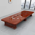 Polished Mahogany Conference Table with Integrated Controls in Bright Office with City View