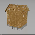 Wooden Frame House Construction With Structural Beams Columns And Concrete Base 3d model